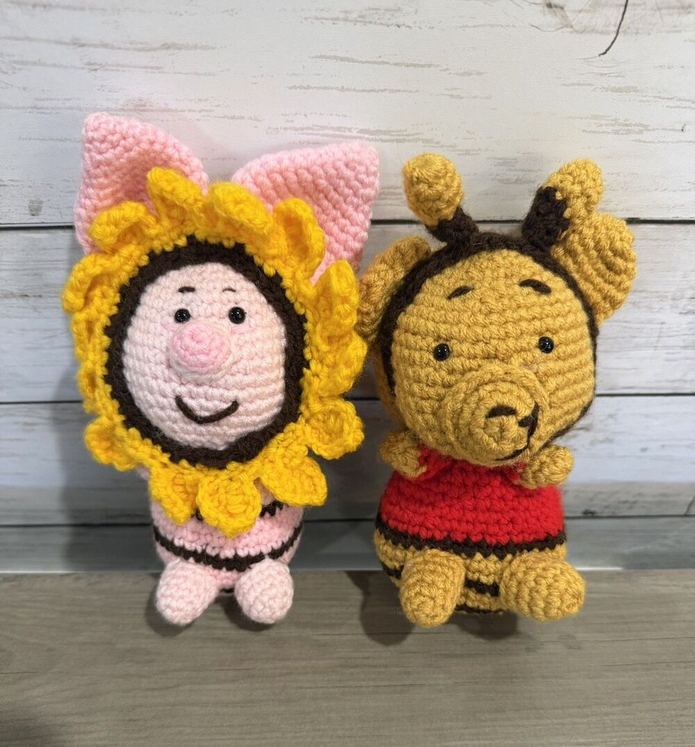 2 Count Winnie the Pooh & Piglet 6.5"  Hand Crochet Knitted Plush Flower/Bee